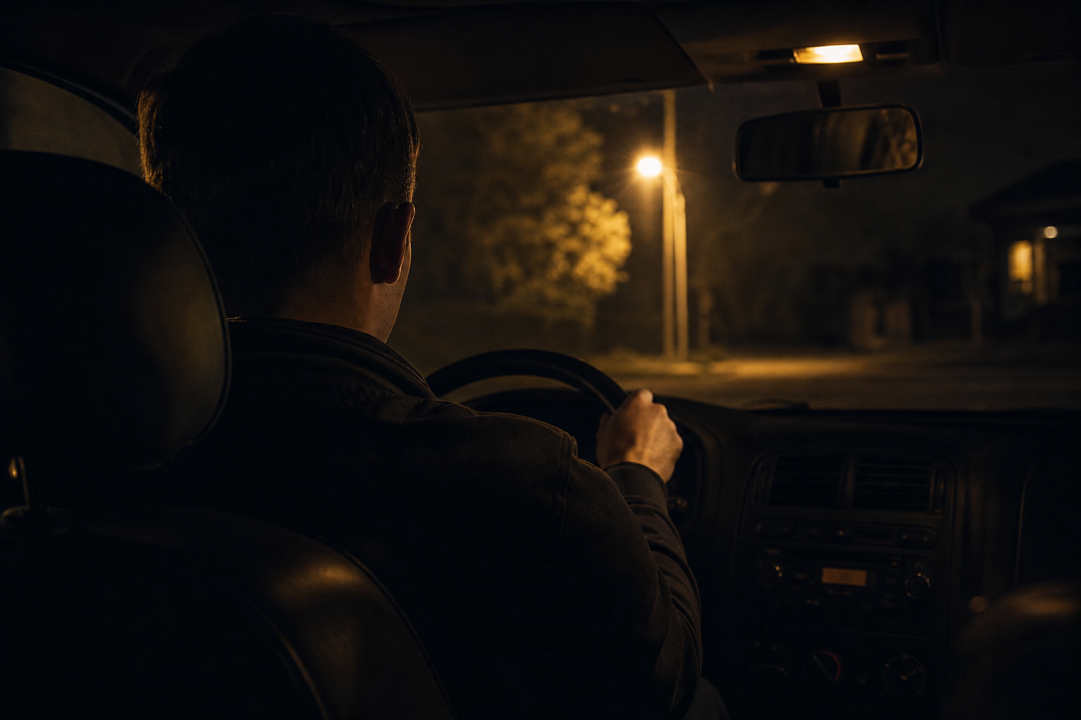 A quiet moment in a parked car at night